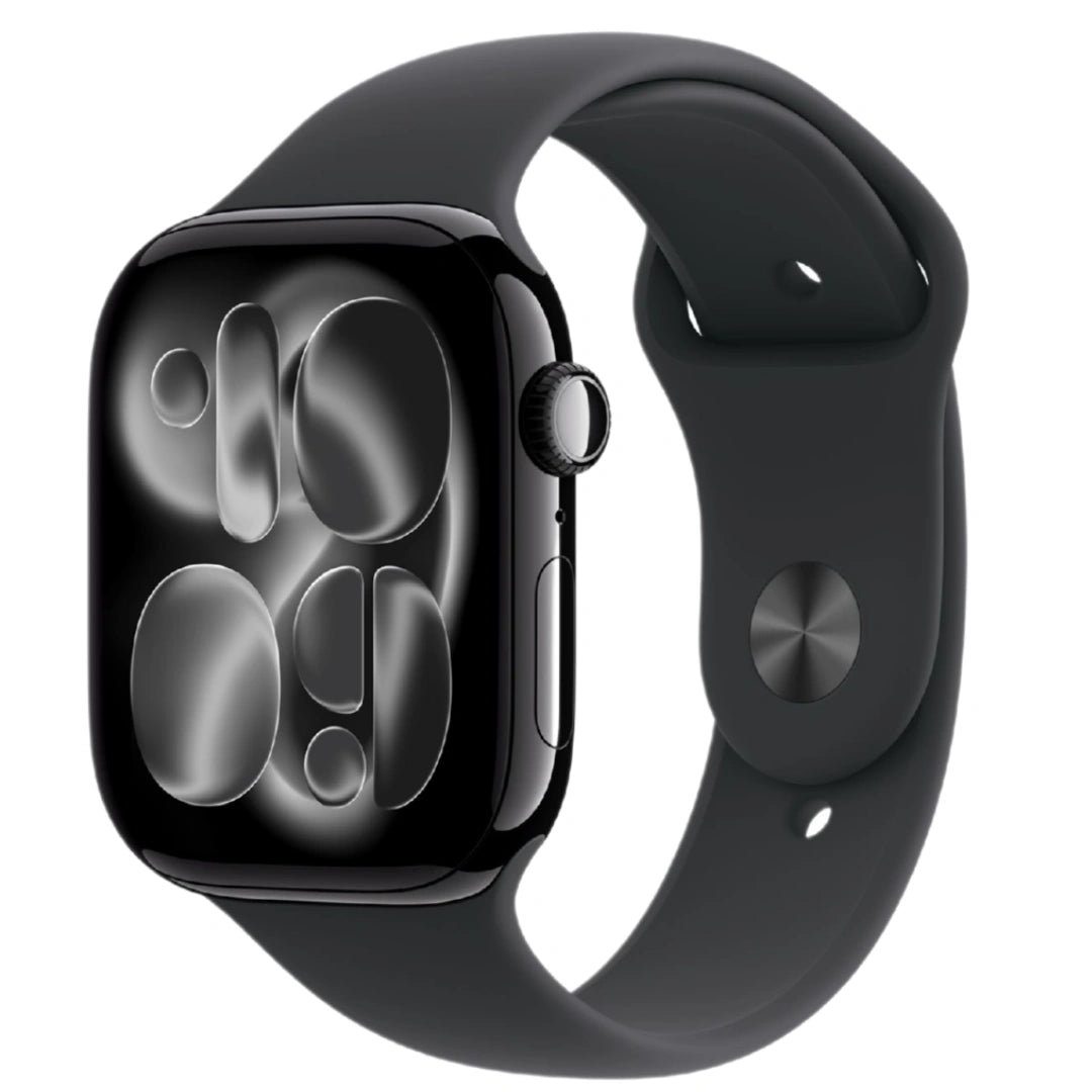 Apple Watch Jet Black con correa deportiva negra en perspectiva, mostrando su corona digital y una esfera de reloj minimalista con acabados negros brillantes.