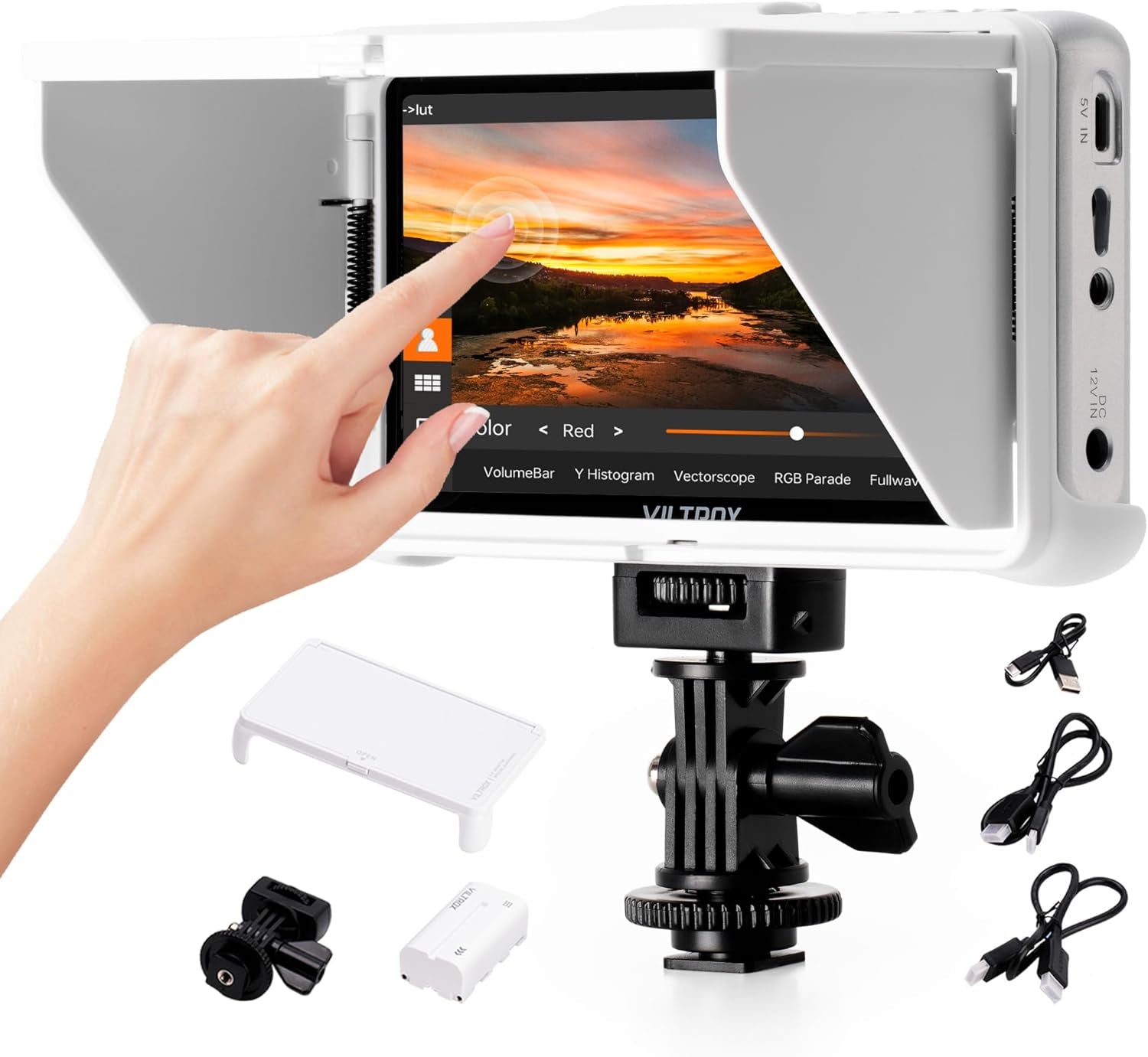 5.5 Inch Portable On-Camera Monitor, 4K Touchscreen HDMI Video Field Monitor, 1920×1080 Wide Viewing, Sunshade Hood, HDMI in and Outputs, 3D Luts (White)