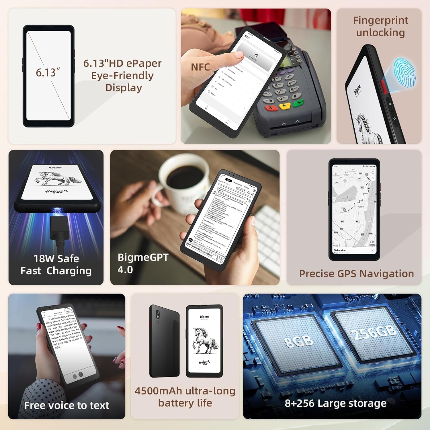 Hibreak Pro 6.13" Epaper Cell Phone 8+256 GB Android 14 OS Smart Phone,5G Dual SIM, GPS, Black