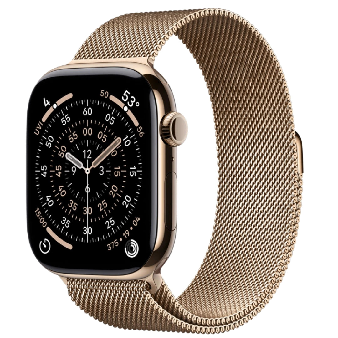 Apple Watch Oro con correa Milanese dorada en perspectiva, mostrando su corona digital y una esfera de cronógrafo detallada de lujo y alta precisión.