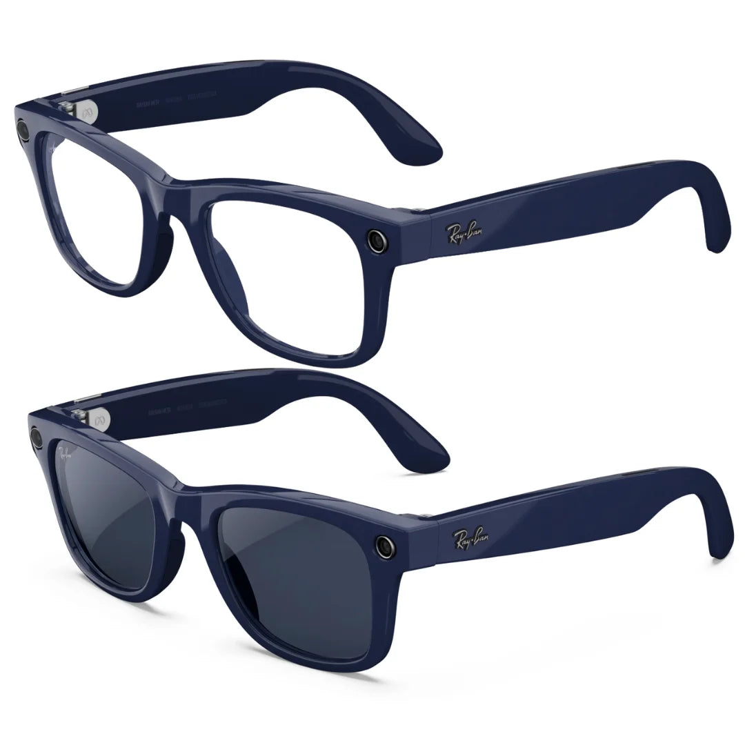 Dos pares de gafas Ray-Ban Meta Wayfarer (Gen 2) en azul cósmico. Un par con lentes transparentes y el otro con lentes de sol oscuras.