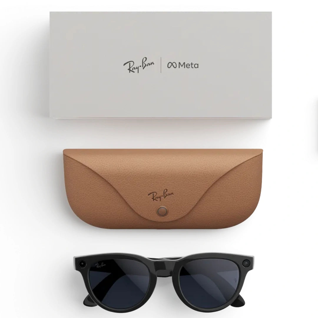 Set completo de gafas Ray-Ban Meta con montura redonda, estuche de carga marrón y caja de embalaje con logos Meta.