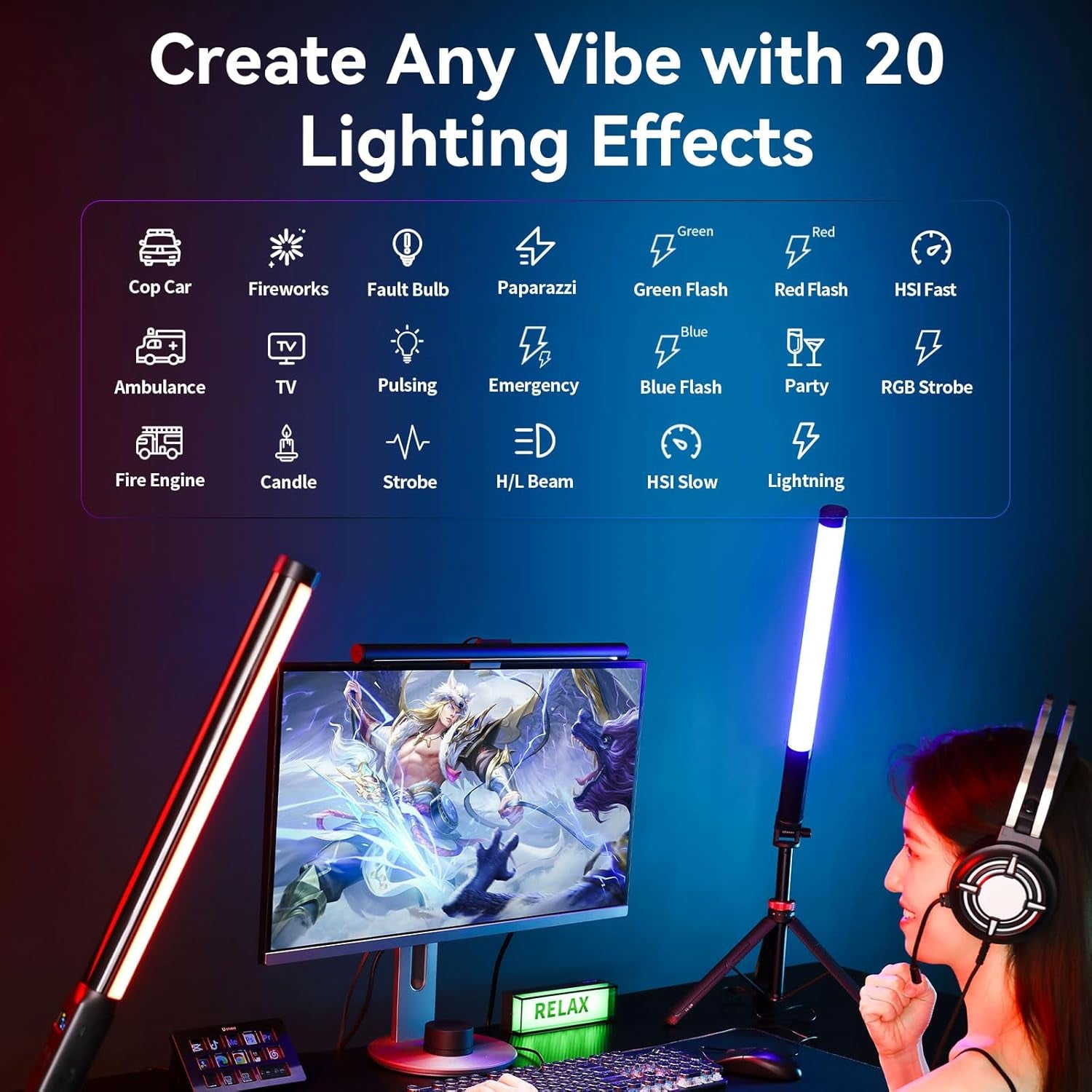VL119 Handheld Light Wand, 360° RGB LED Video Light Stick for Photography, 3300Mah Rechargeable Tube Light for Video Shooting, 2500-9000K Dimmable Camera Light with LCD