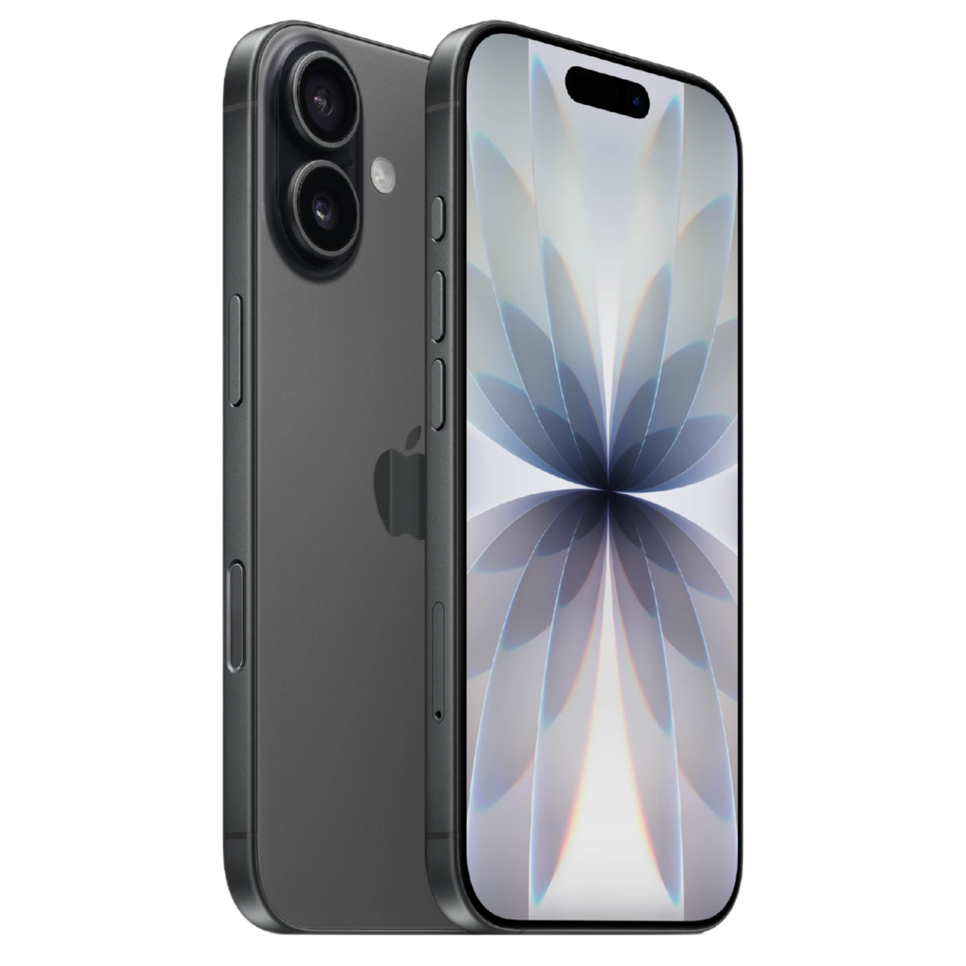 iPhone en color gris oscuro. Se muestra la parte trasera con dos cámaras y la pantalla frontal con un diseño de papel tapiz abstracto.