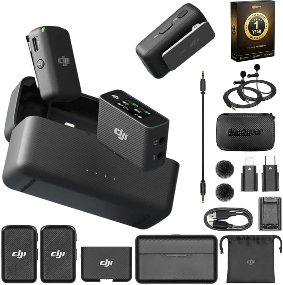 Mic Wireless Microphone System and Audio Recorder Bundle with Deco Gear 7" Hard Case + Clip-On Mini Lapel Microphone X2 & 1YR CPS Enhanced Protection Pack