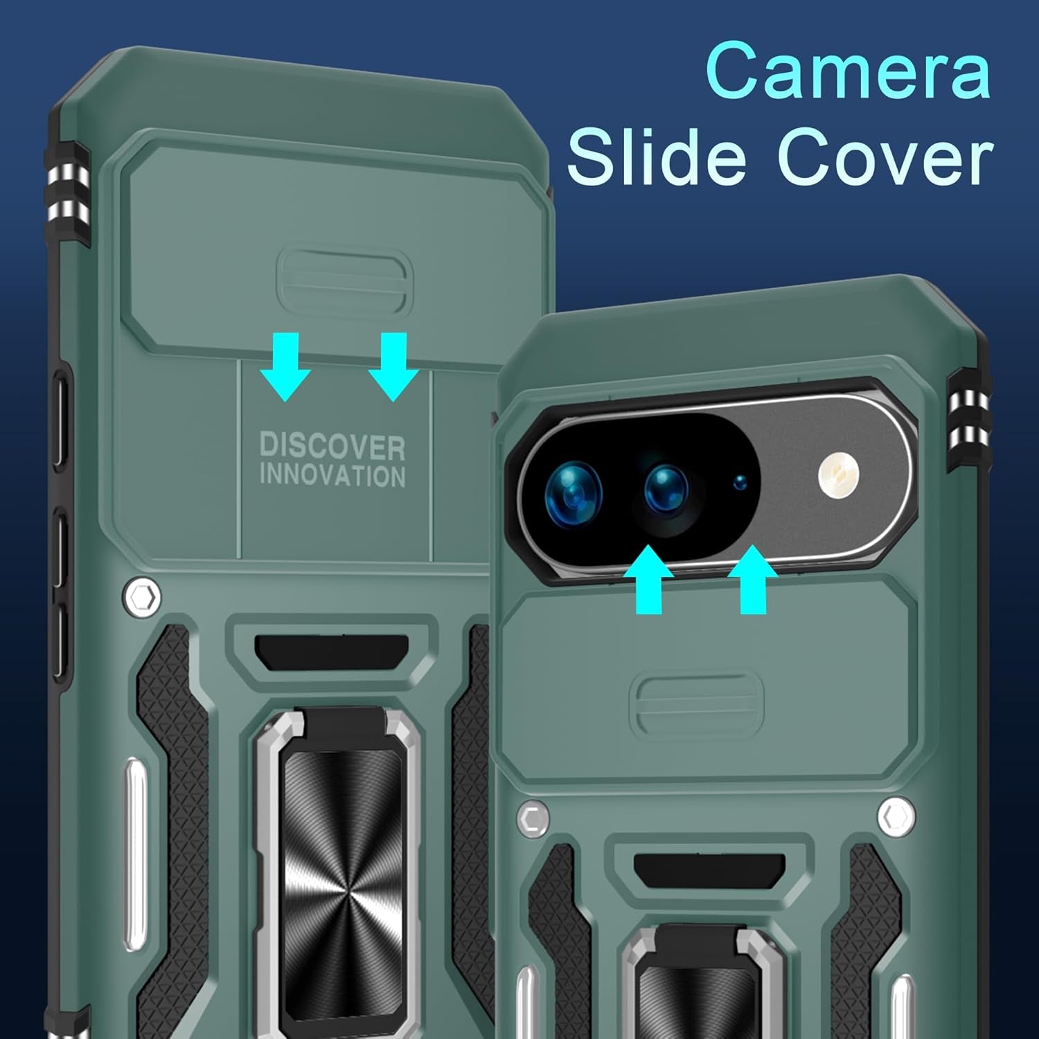 Case for Google Pixel 10/10 Pro with Slide Camera Cover+Screen Protector(1 Pack), Rotated Ring Kickstand Military Grade Shockproof Protective Cover-Green