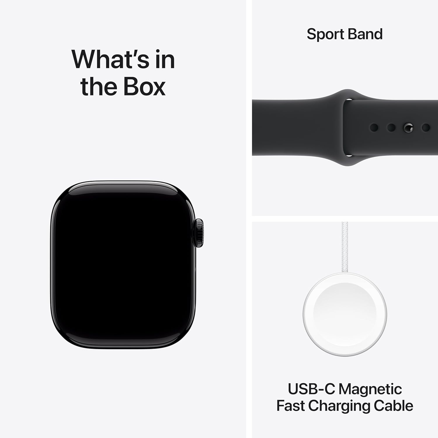 Contenido de la caja del Apple Watch: incluye el reloj inteligente negro, una correa deportiva (Sport Band) y un cable de carga rápida magnética USB-C.