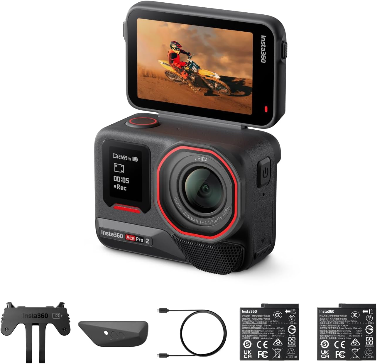 Ace Pro 2 Dual Battery Bundle - 8K Waterproof Action Camera Co-Engineered with Leica, 1/1.3" Sensor, Dual AI Chip, Leading Low Light, Superior Audio