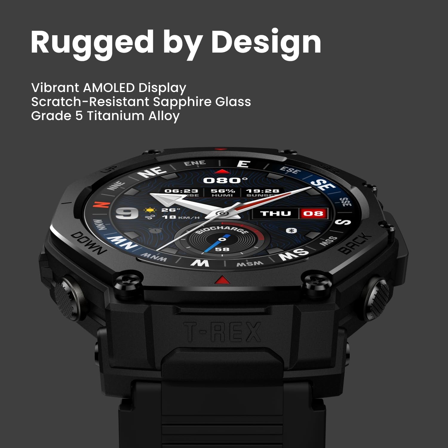 T-Rex 3 Pro Outdoor Smart Watch 48Mm Sapphire AMOLED Display, Ti Bezel, Dual Band GPS, Offline Maps, 25 Days Battery, Built-In Flashlight, 10 ATM, 180+ Sports Mode for Android & Iphone, Black
