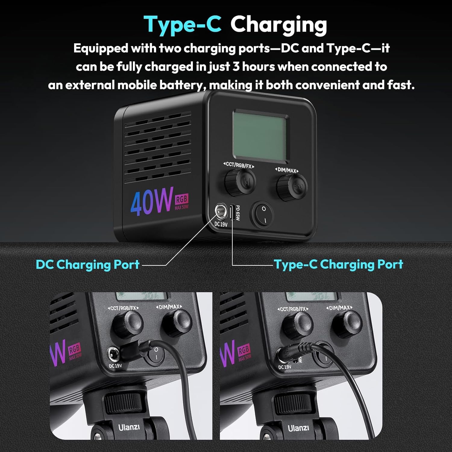 40W Pro RGB Portable LED Video Light W DC Power Adapter, 3400Mah Build-In Battery Metal Mini Adjustable Color Temperature COB Continuous Output Lighting Handheld Spotlight 2500K-6500K for Video