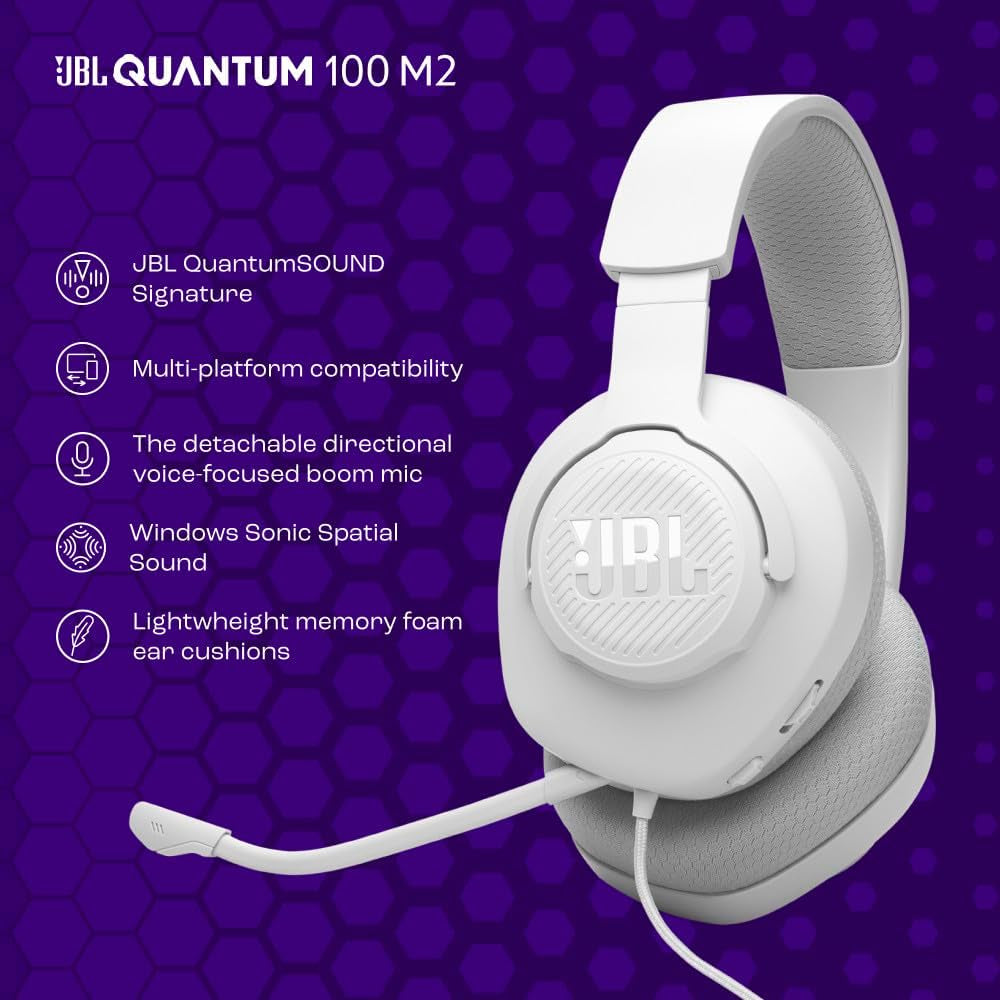Quantum 100M2 - Wired Over-Ear Gaming Headset with Omnidirectional, Detachable Mic with Mute Option and Fabric-Covered Memory Foam Ear Cushions, Compatible with All Platforms (White)