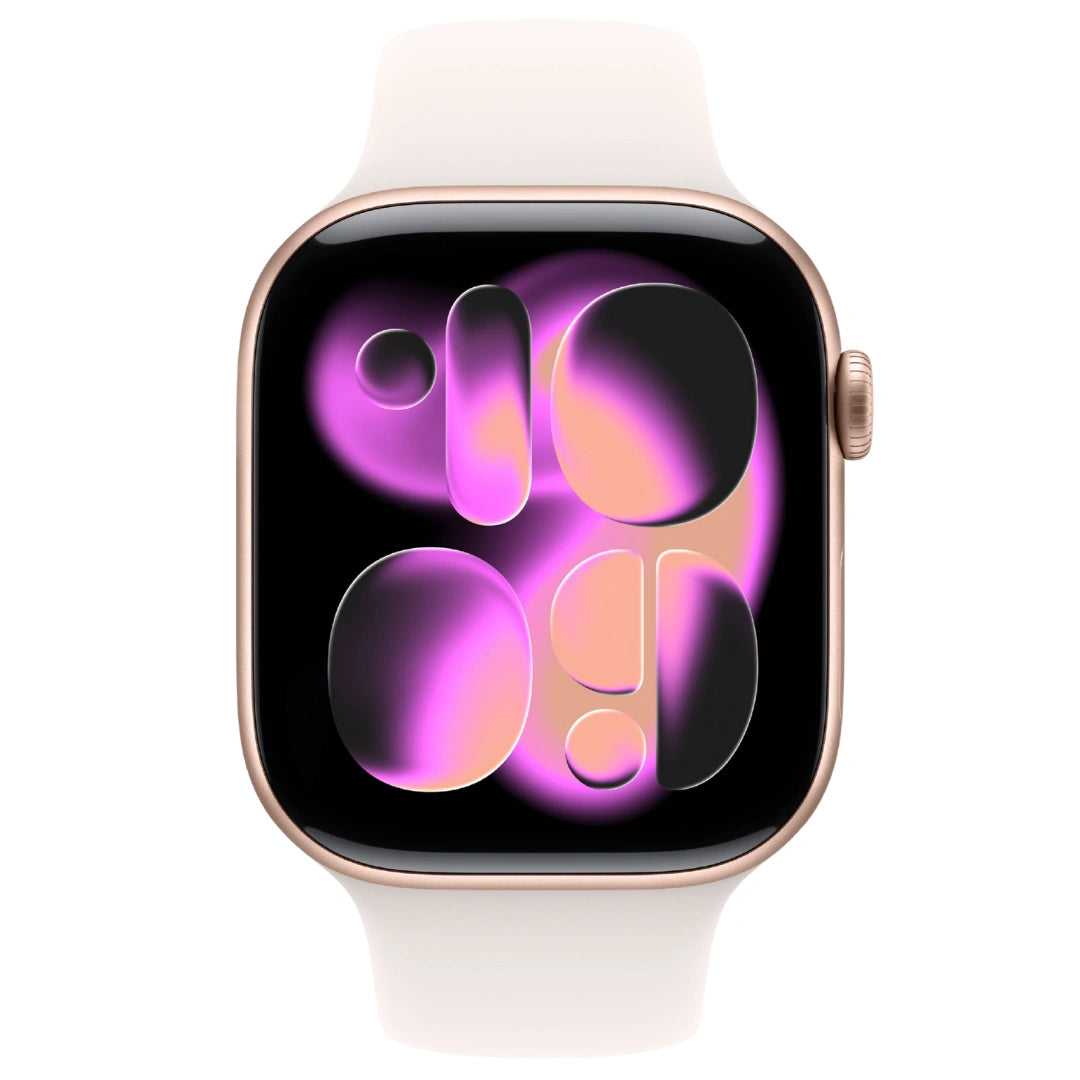 Vista frontal del Apple Watch Oro Rosa con correa deportiva blanca, destacando su elegante caja metálica y esfera de reloj artística en tonos rosados.