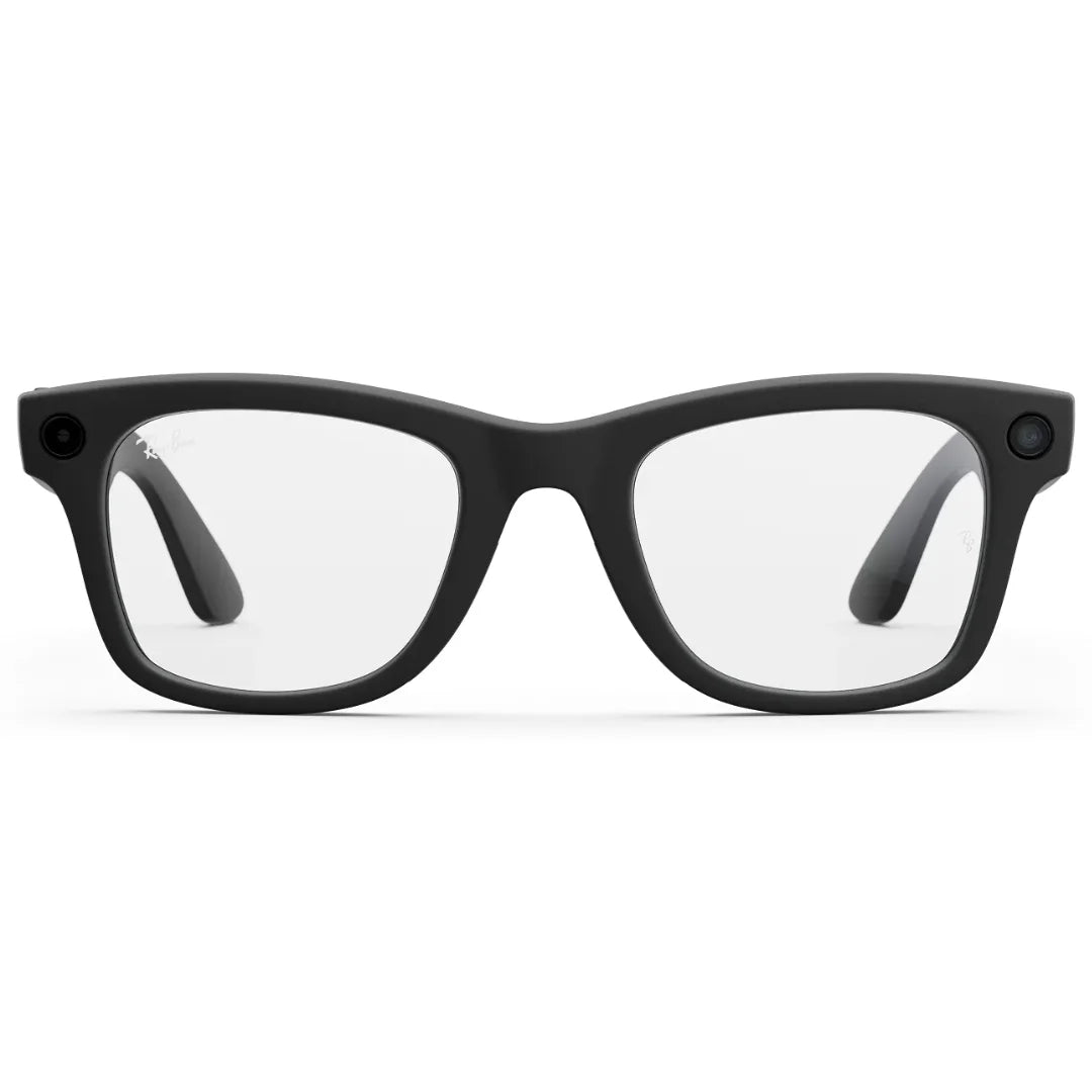 Primer plano frontal de los lentes inteligentes Ray-Ban Meta Wayfarer (Gen 2) en color negro, mostrando el diseño y las cámaras frontales.