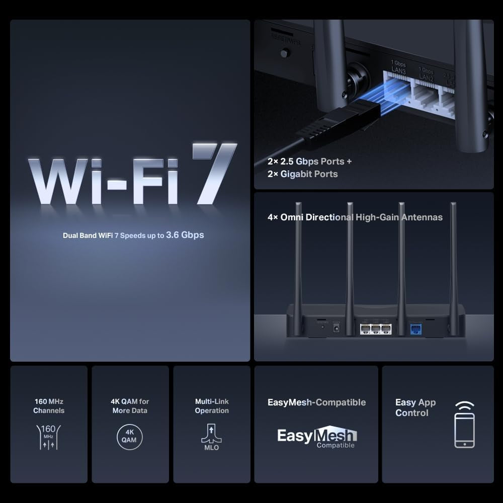 MR27BE BE3600 Mbps Fibre Supported, 2×2.5 Gbps WAN&LAN Port + 2×Gbps Port, Easy Mesh Compatible, Dual-Band Wi-Fi 7 Router