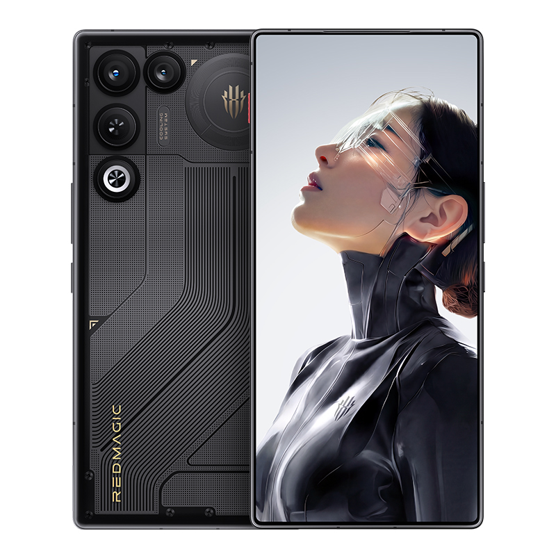 Smartphones gaming RedMagic negro texturizado con retrato cyberpunk en pantalla.