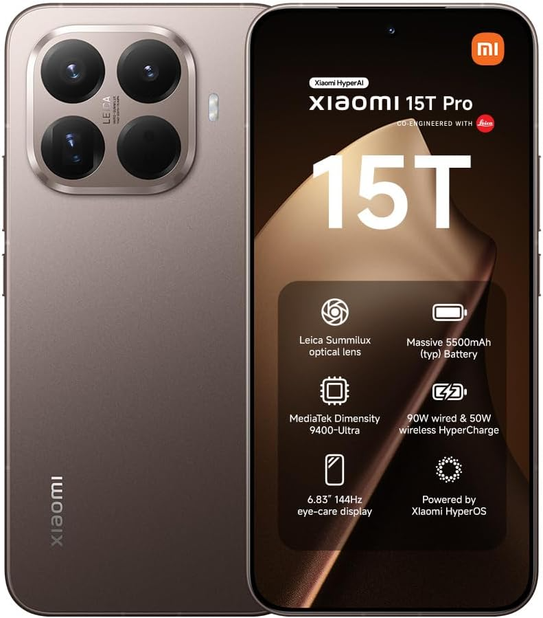Smartphone Xiaomi 15T Pro marrón, vistas frontal y trasera con cámara Leica