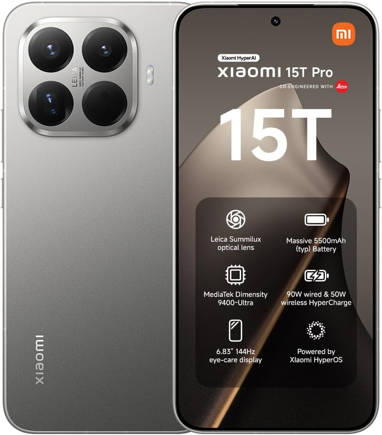 Smartphone Xiaomi 15T Pro gris, vistas frontal y trasera con cámara Leica