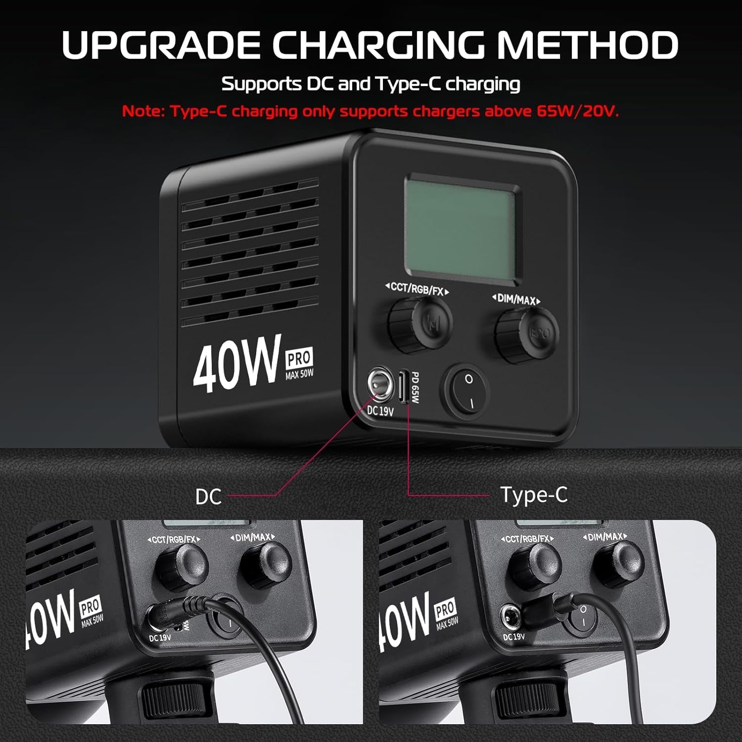 40W Pro Portable LED Video Light with DC Power Adapter, 3400Mah Build-In Battery Metal Mini Dual Color Temperature COB Continuous Output Lighting Handheld Spotlight 2500K-6500K for Video