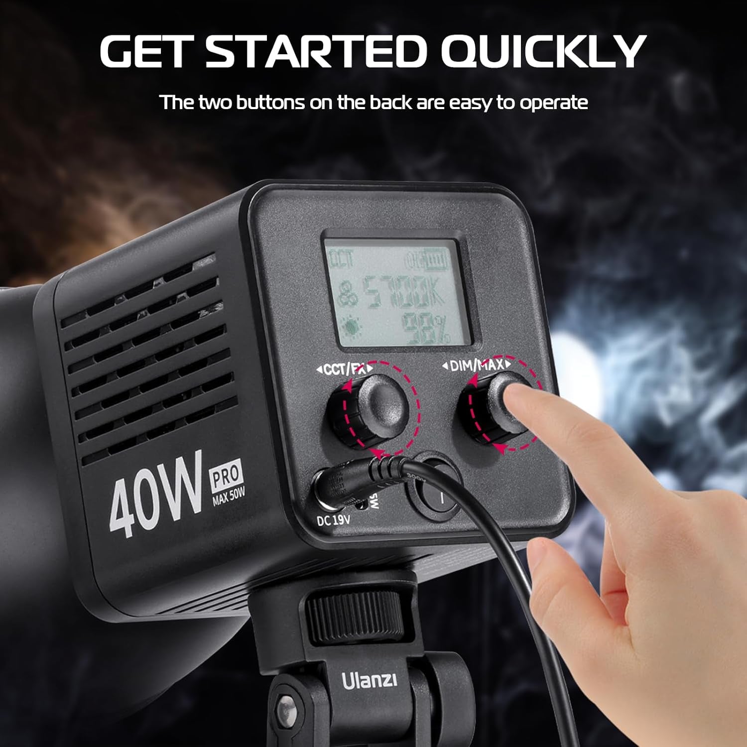 40W Pro Portable LED Video Light with DC Power Adapter, 3400Mah Build-In Battery Metal Mini Dual Color Temperature COB Continuous Output Lighting Handheld Spotlight 2500K-6500K for Video