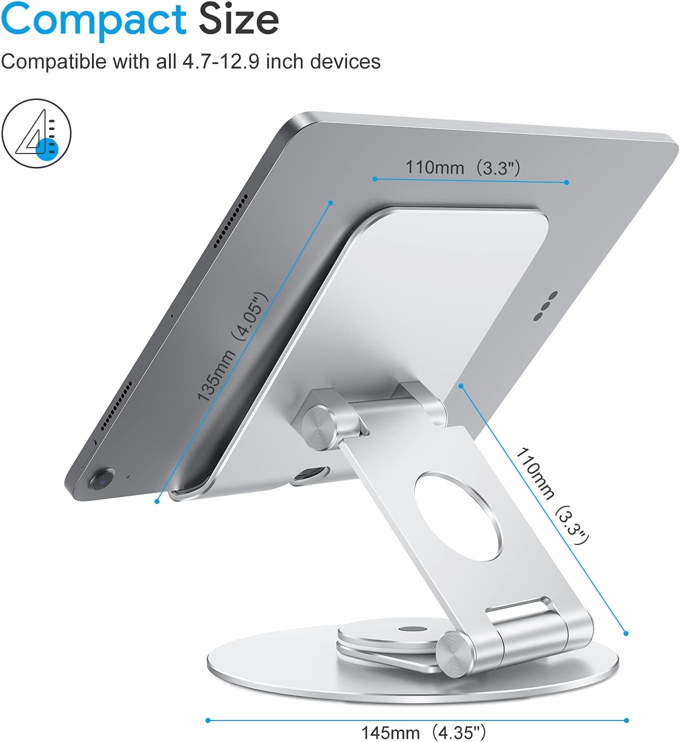 T6 Swivel Tablet Stand for Ipad with 360 Rotating Base, Foldable Adjustable Holder for Drawing, Compatible with Ipad Pro/Air/Mini and More, Silver