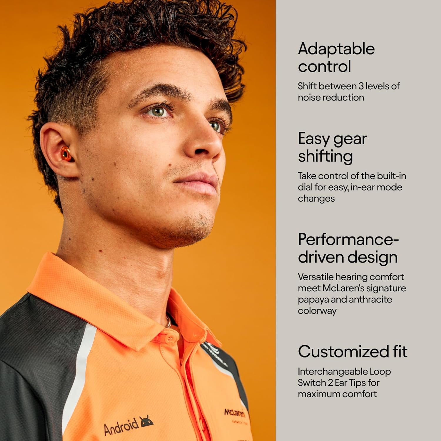 Mclaren Formula 1 Team X Switch 2 Adjustable Earplugs – 3 Modes for Ultimate Control | Flexible Noise Reduction for Focus, Motorsports, Travel & More | 20-26 Db (SNR) Noise Reduction
