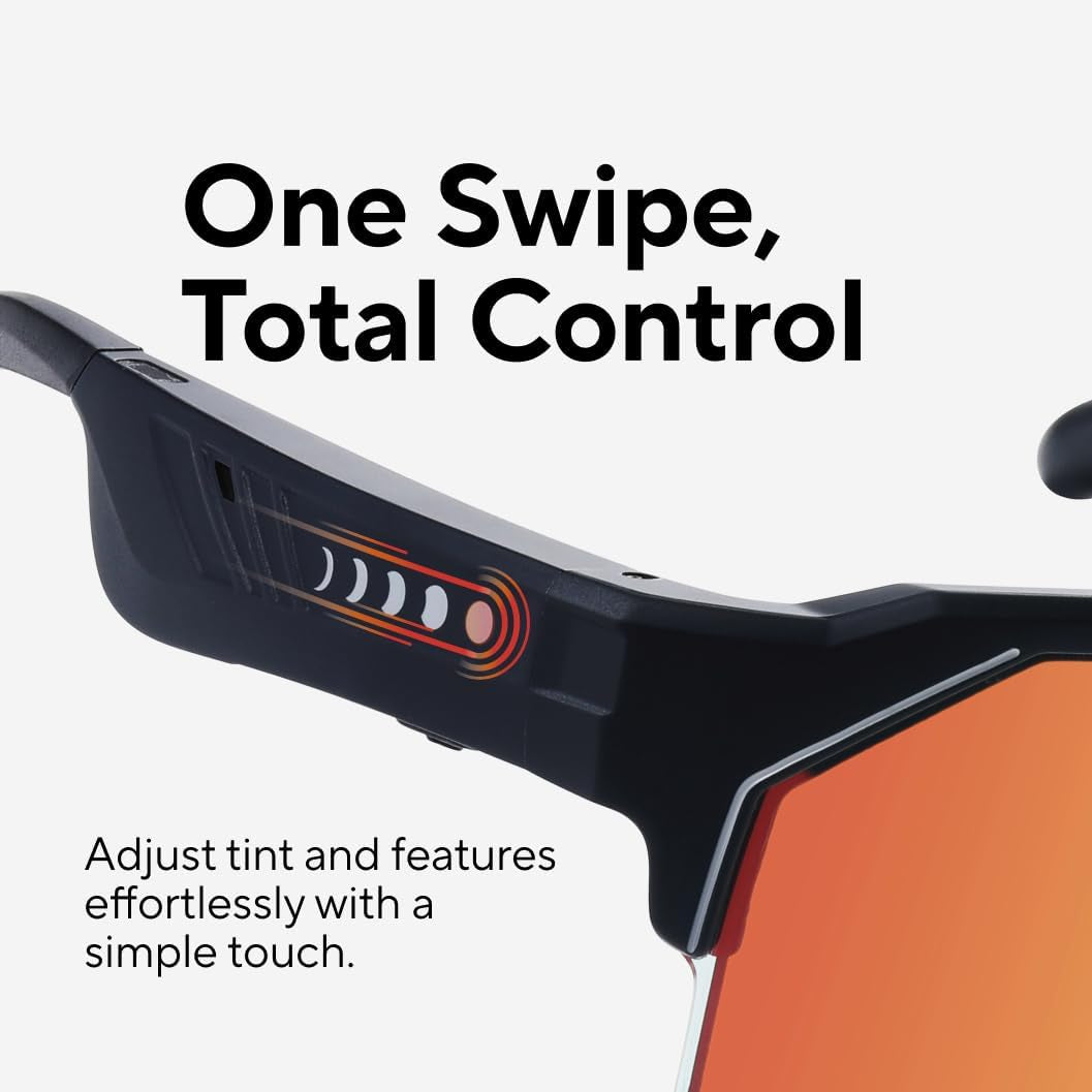 Music Shield Smart Audio Sunglasses – Matte Black Frame, Fire Lenses | Open-Ear Bluetooth Glasses for Men & Women with Electronic Tint Control, Sweat Proof, Sports Eyewear, 100% UV Protection