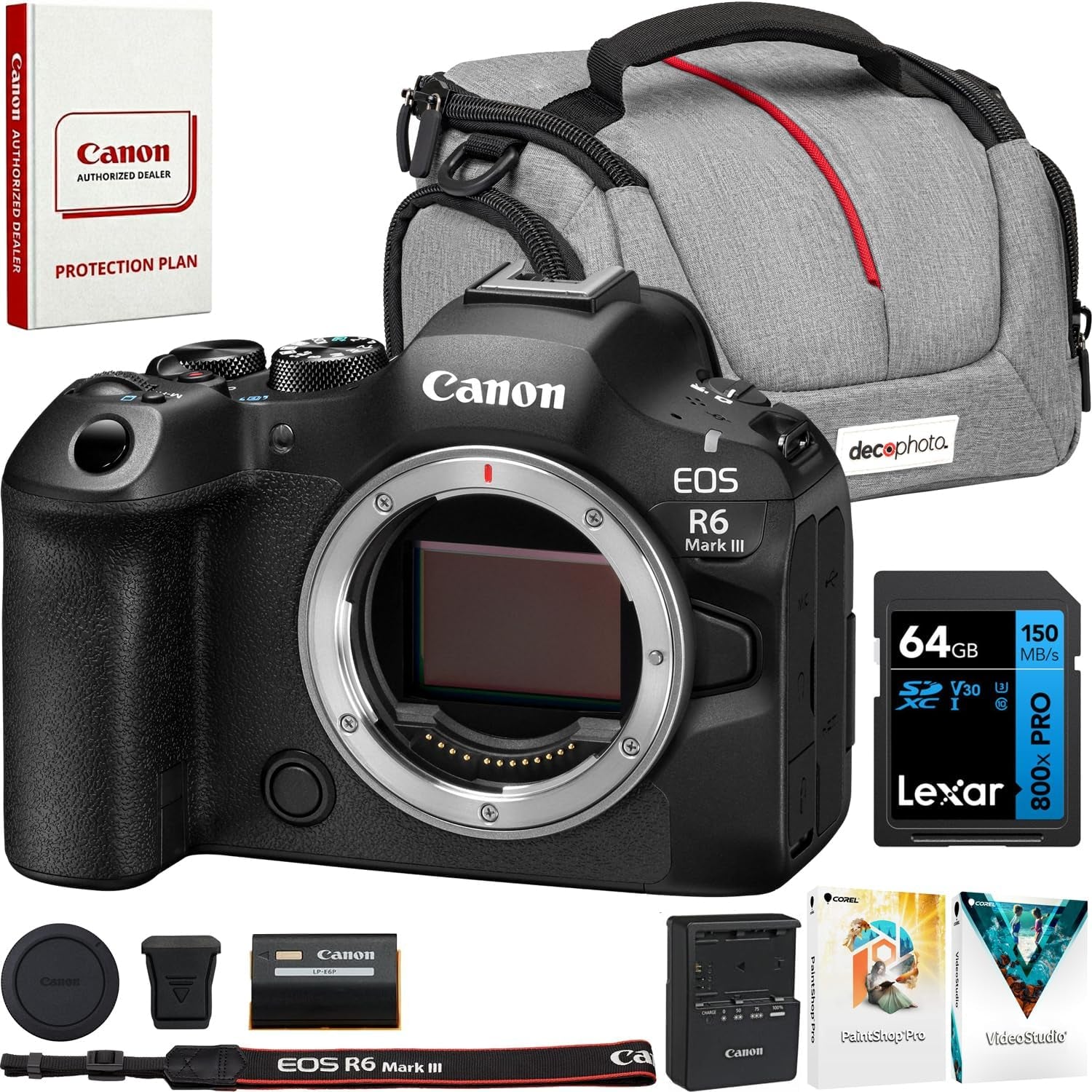 EOS R6 Mark III Full Frame Mirrorless Interchangeable Lens Camera Body 7084C002 32.5MP | 40 FPS | 7K RAW Video | 8.5 Stop IBIS Bundle with Deco Gear Bag + Microphone + Monopod + Accessories Kit