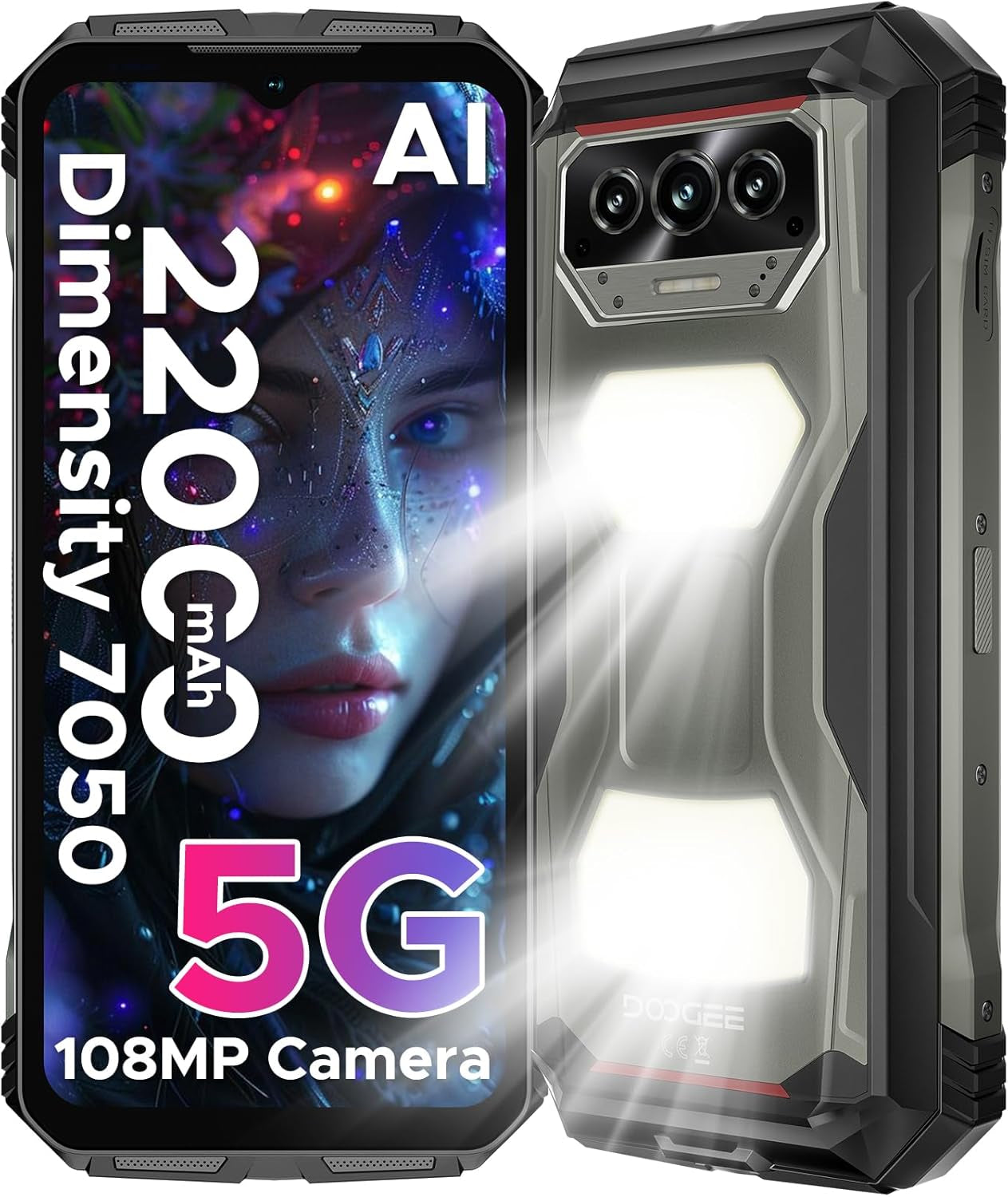 V Max S (2025) 5G Unlocked Rugged Phone,Dual Camping Lights,22000Mah Battery,Android 14,24GB+256GB/TF 2TB Rugged Smartphone,108Mp+16Mp,6.58”Fhd+120Hz IPS Screen,Dual Unlock/Nfc/Wifi6(Tarnish)