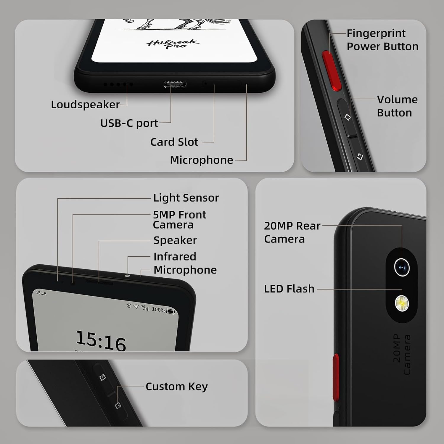 Hibreak Pro 6.13" Epaper Cell Phone 8+256 GB Android 14 OS Smart Phone,5G Dual SIM, GPS, Black