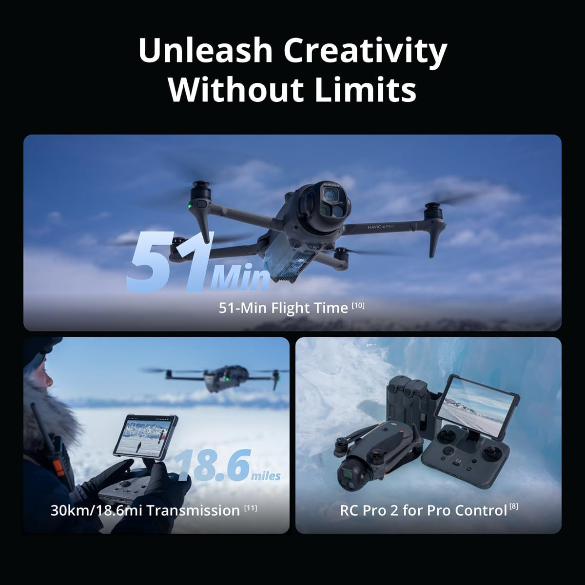 Mavic 4 Pro Drone with RC 2, Flagship Tri-Camera Drone with 100MP 4/3 CMOS Hasselblad Camera, for Professionals, 30Km/18.6Mi Video Transmission, 51-Min Max Flight Time
