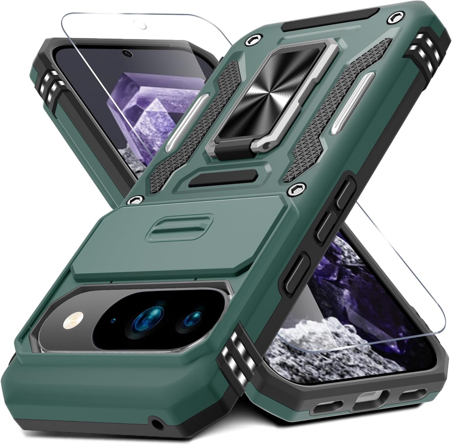 Case for Google Pixel 10/10 Pro with Slide Camera Cover+Screen Protector(1 Pack), Rotated Ring Kickstand Military Grade Shockproof Protective Cover-Green