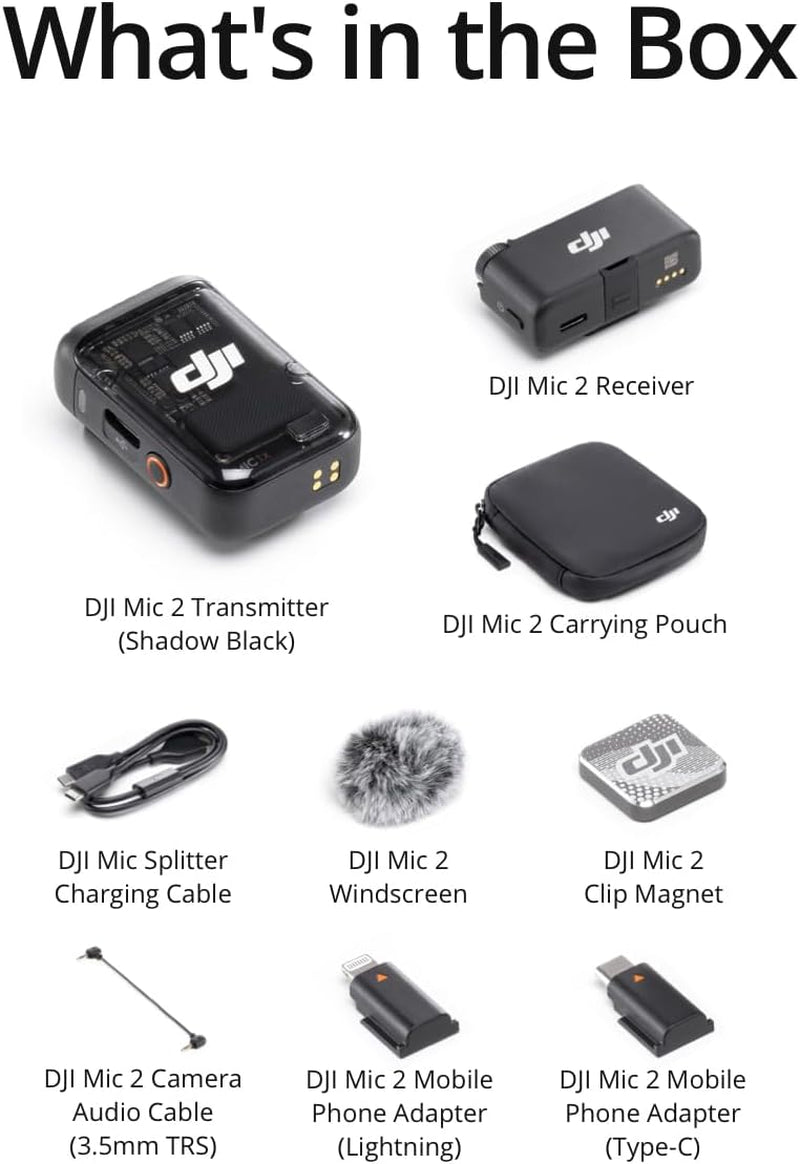 Mic 2 (1 TX + 1 RX), Wireless Microphone with Intelligent Noise Cancelling, 32-Bit Float Internal Recording, Optimized Sound, 250M (820 Ft.) Range, Microphone for Iphone, Android, Camera, Vlogs