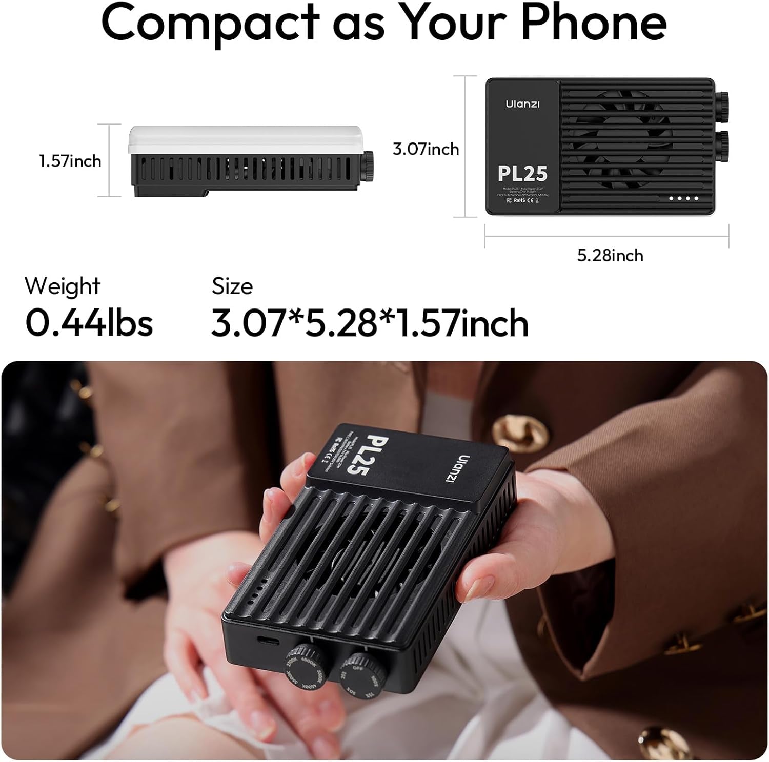 PL25 Video Light, 25W LED Camera Light Mini Panel Bi-Color for DSLR Photography, 3200Lux, CRI≥96 2700K-6500K, 2000Mah Rechargeable Portable On-Camera Lighting for Photo, Video, Youtube, Vlog