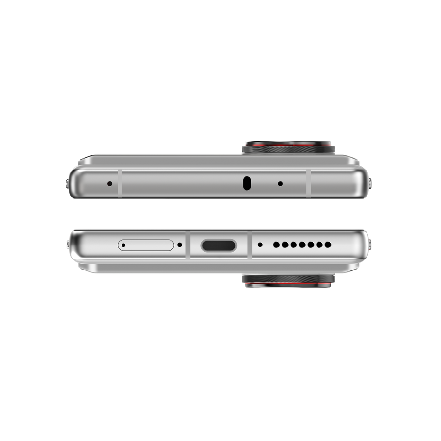 Smartphone gaming Nubia RedMagic plata, detalles de puertos y cámara con anillo rojo.