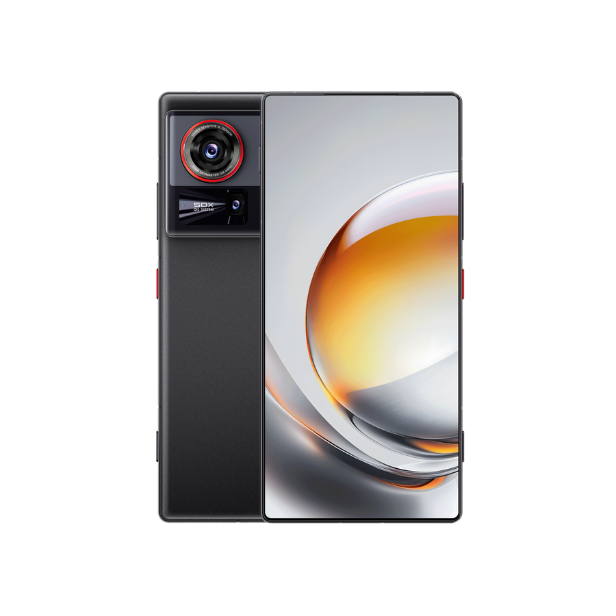 Smartphone premium negro con pantalla completa y cámara 50MP con teleobjetivo.