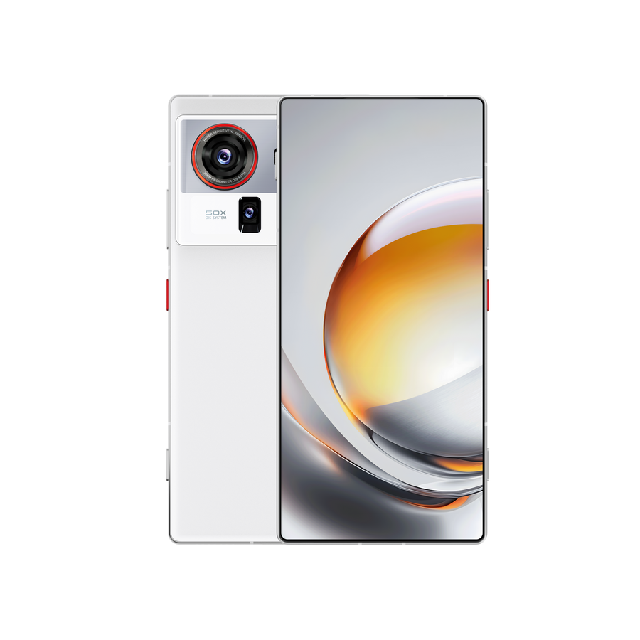 Smartphone Nubia blanco, vista frontal sin bordes y cámara trasera con zoom 50X.