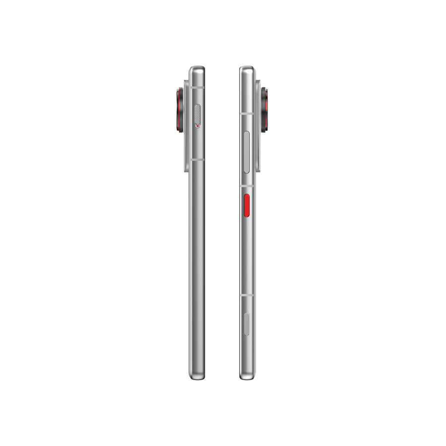Perfiles laterales de smartphone Nubia plateado, gran módulo de cámara y botón rojo.