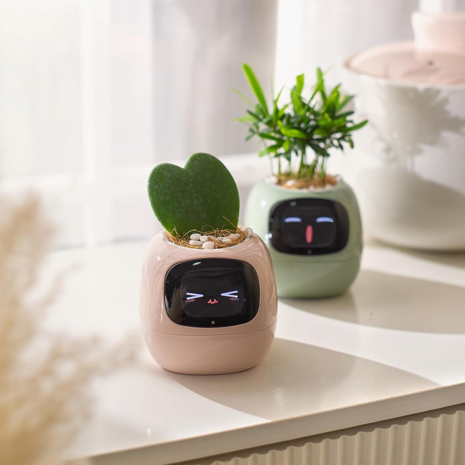 Smart Pet Planter Robot Guidance on Plant Care with Emojis, Adorable Plant Companion with Rich Gesture Interaction, Neat Desk Setup Gift (Pink)