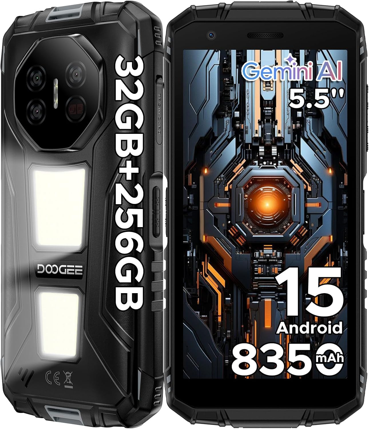 Fire 3 Max Rugged Phone Unlocked, 32GB+256GB/2TB Android 15 Rugged Smartphone, 8350Mah Battery Rugged Cell Phone with 5.5" HD Display, 48MP+20MP Night Vision, 2 Camping Lights, IP68/IP69K/GPS