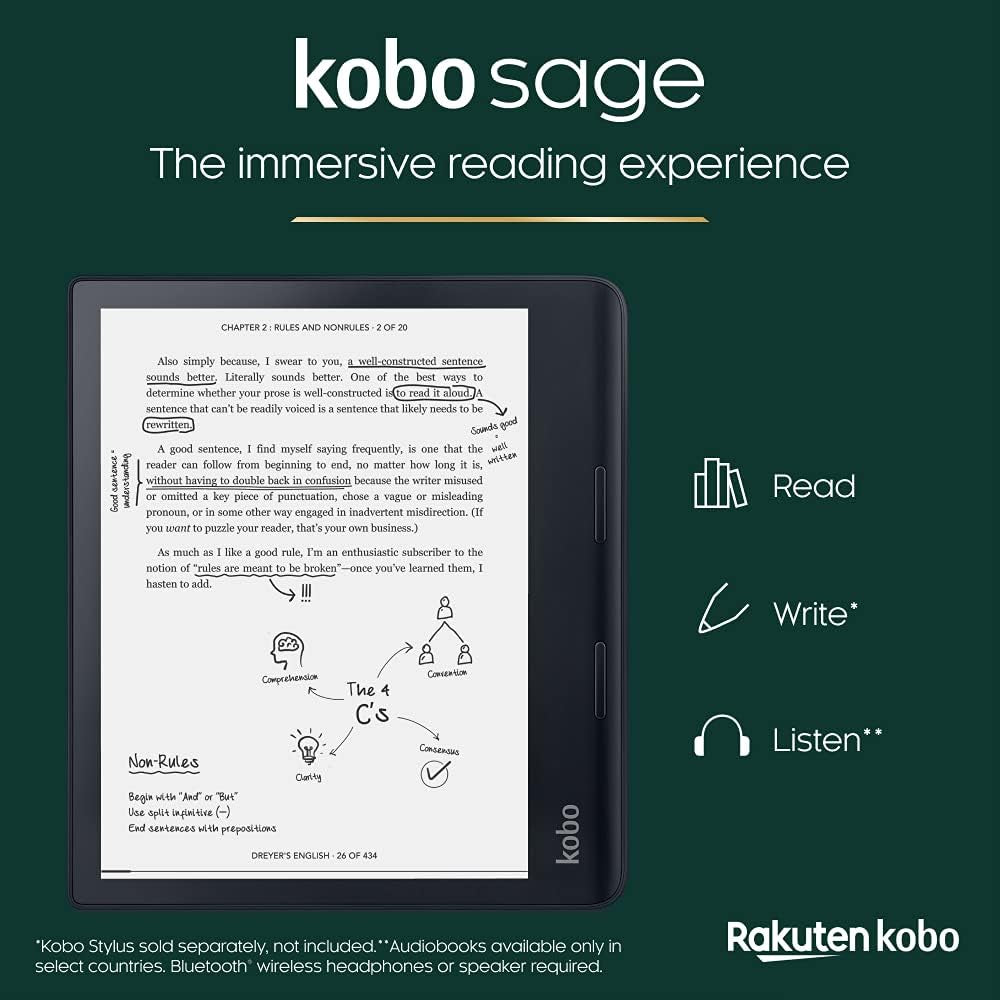 Sage | Ereader | 8” HD Glare Free Touchscreen | Waterproof | Adjustable Brightness and Color Temperature | Blue Light Reduction | Bluetooth | Wifi | 32GB of Storage | Carta E Ink Technology