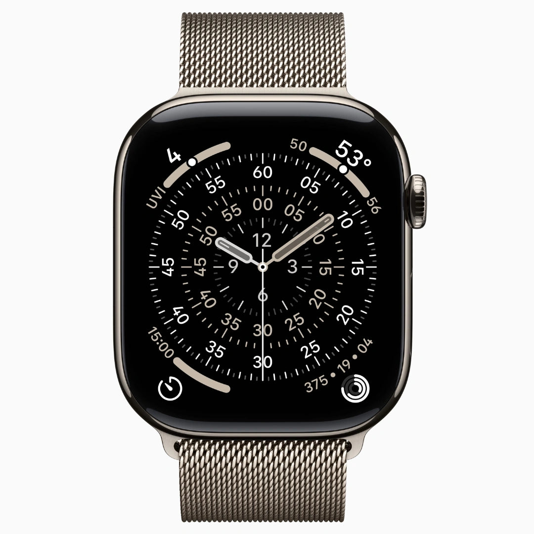 Vista frontal del Apple Watch con correa Milanese de acero inoxidable, mostrando una esfera analógica detallada con cronógrafo y complicaciones de precisión.