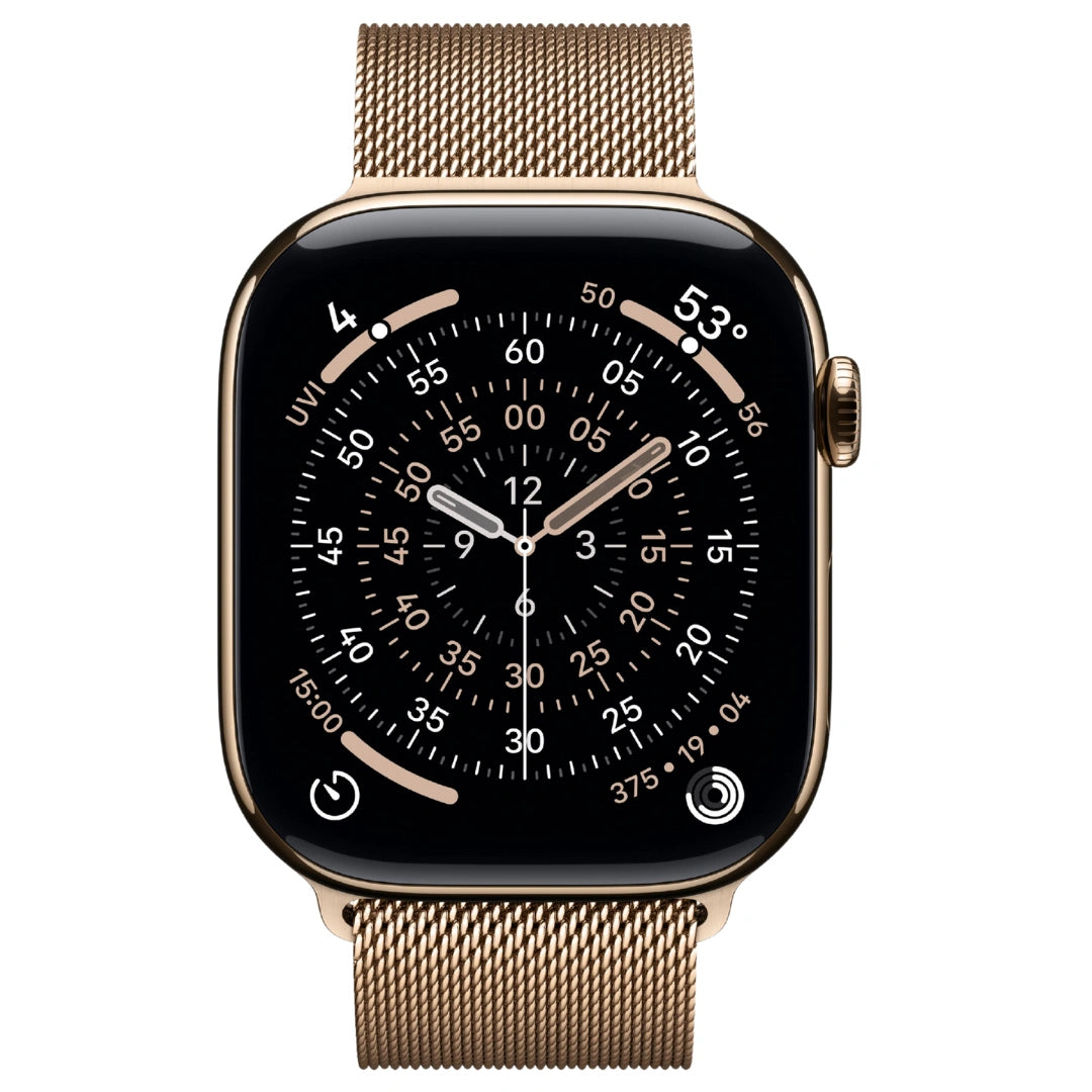 Vista frontal del Apple Watch Oro con correa Milanese a juego, destacando su esfera de cronógrafo de alta precisión y acabado metálico de lujo.