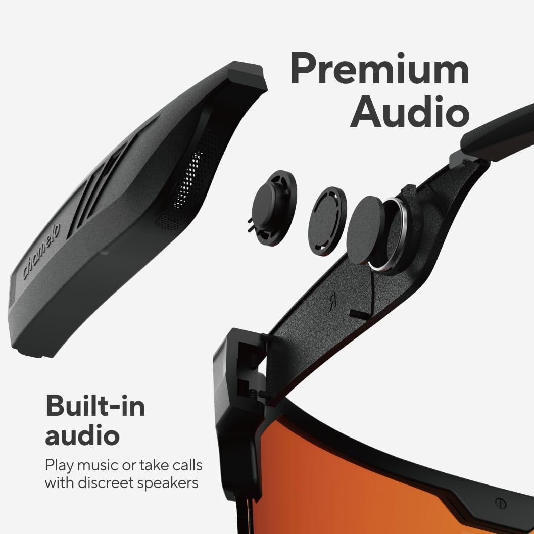 Music Shield Smart Audio Sunglasses – Matte Black Frame, Fire Lenses | Open-Ear Bluetooth Glasses for Men & Women with Electronic Tint Control, Sweat Proof, Sports Eyewear, 100% UV Protection