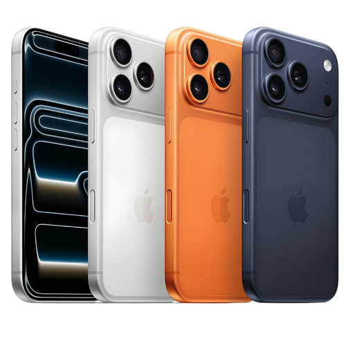 Cuatro modelos de iPhone 17 Pro alineados en varios colores (azul, naranja, blanco y negro), destacando el sistema de triple cámara trasera.