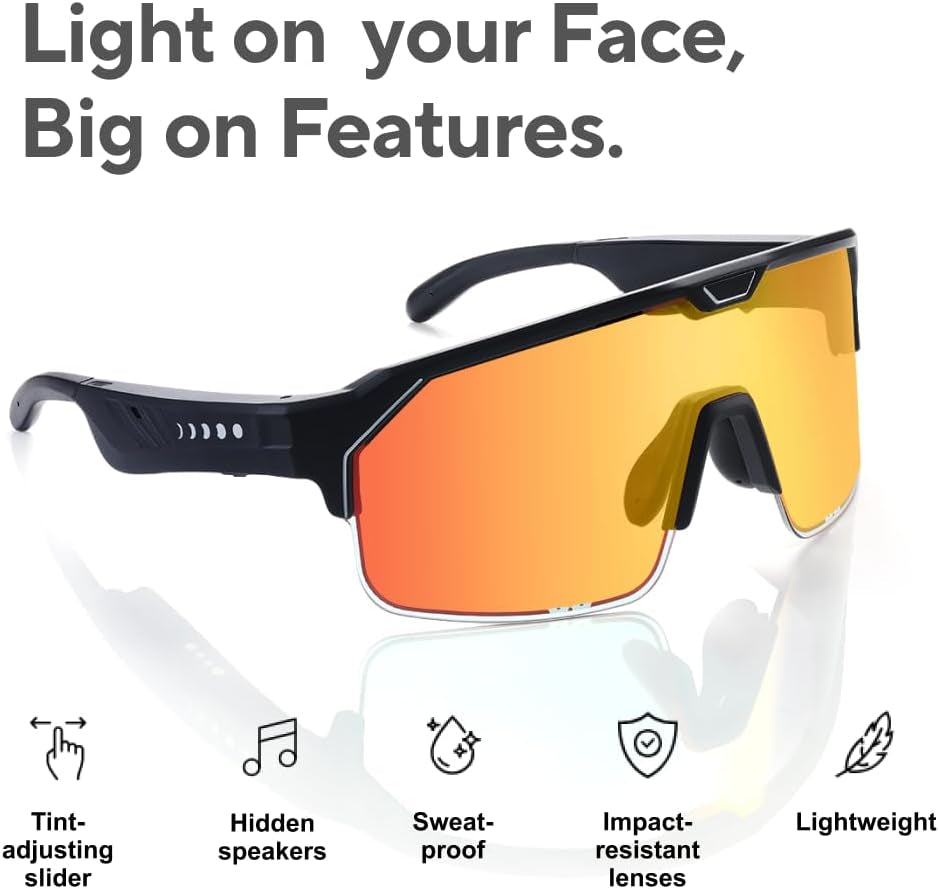 Music Shield Smart Audio Sunglasses – Matte Black Frame, Fire Lenses | Open-Ear Bluetooth Glasses for Men & Women with Electronic Tint Control, Sweat Proof, Sports Eyewear, 100% UV Protection
