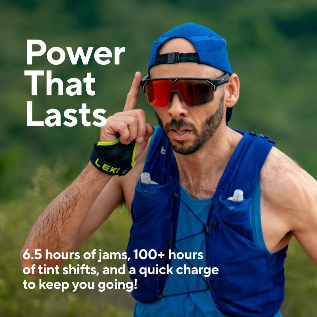 Music Shield Smart Audio Sunglasses – Matte Black Frame, Fire Lenses | Open-Ear Bluetooth Glasses for Men & Women with Electronic Tint Control, Sweat Proof, Sports Eyewear, 100% UV Protection