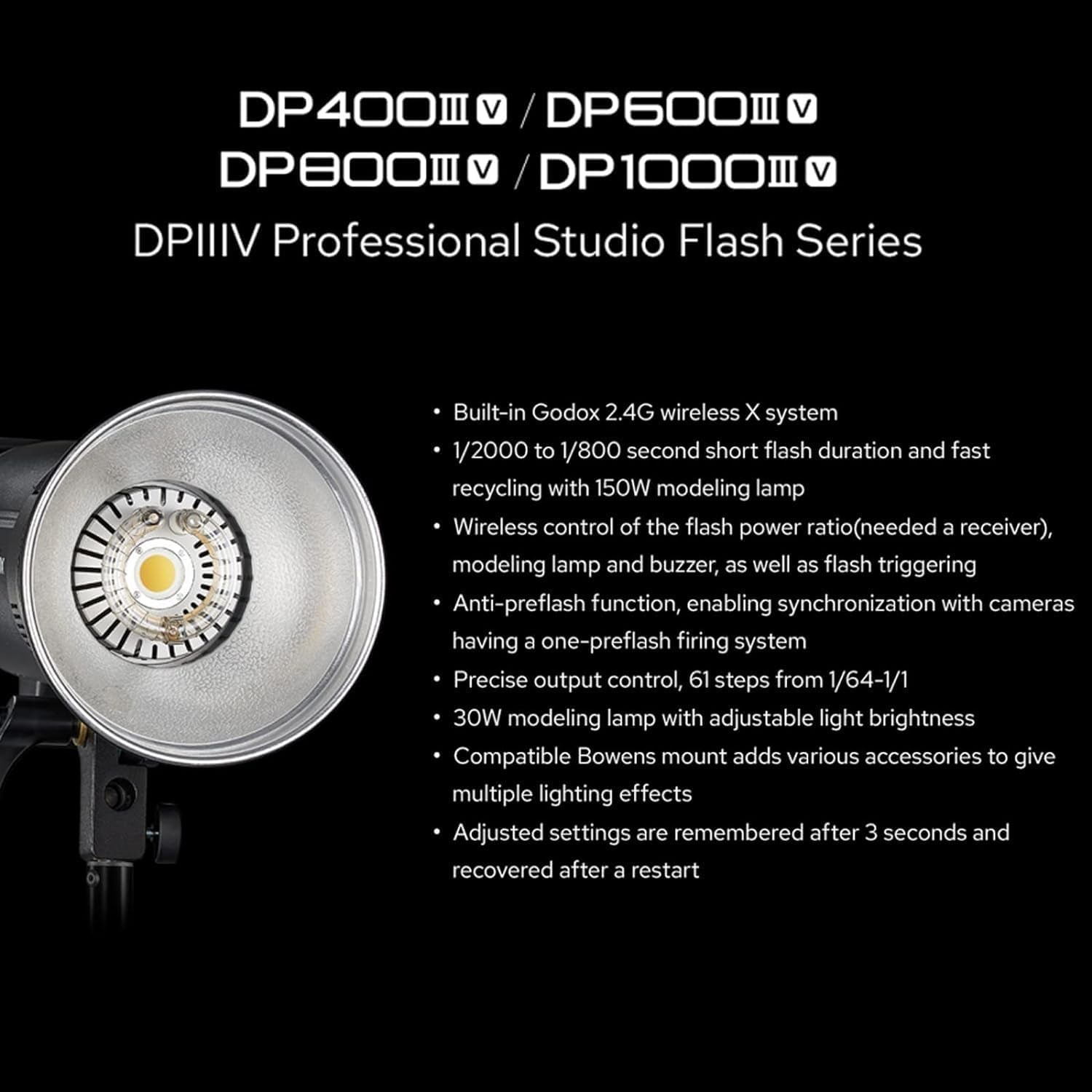 DP600III-V DP600IIIV 600Ws Studio Flash Light - Bowens Mount Photography Lighting with Built-In 2.4G Wireless X System & 30W Modeling Lamp for Photographic Studio Portrait Shooting
