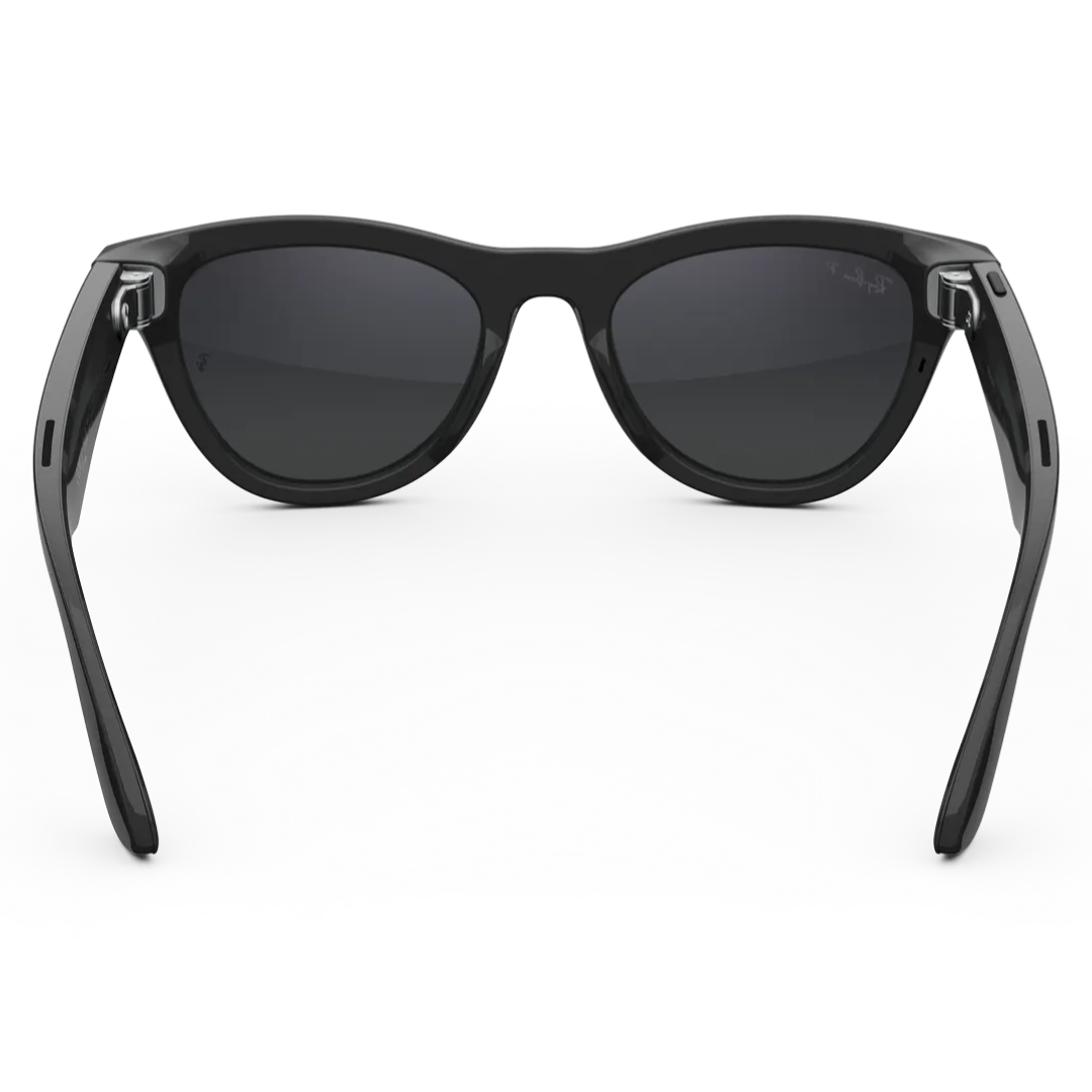 Gafas inteligentes Ray-Ban Meta Wayfarer negras. Vista posterior con patillas abiertas mostrando la forma de la montura.