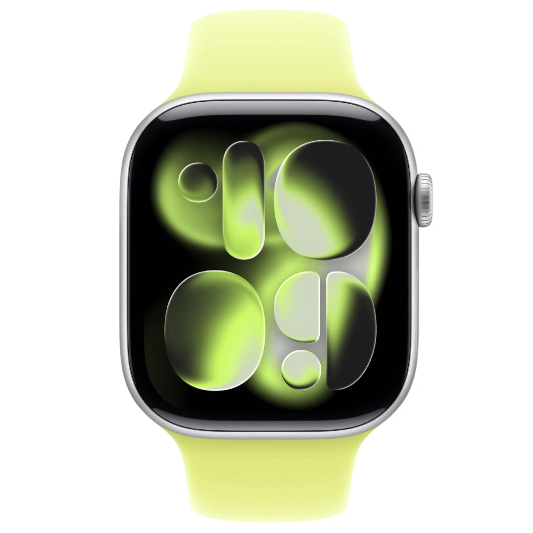 Vista frontal de Apple Watch Plata con correa deportiva amarillo lima, destacando su pantalla de borde a borde y esfera de reloj minimalista en tonos verdes