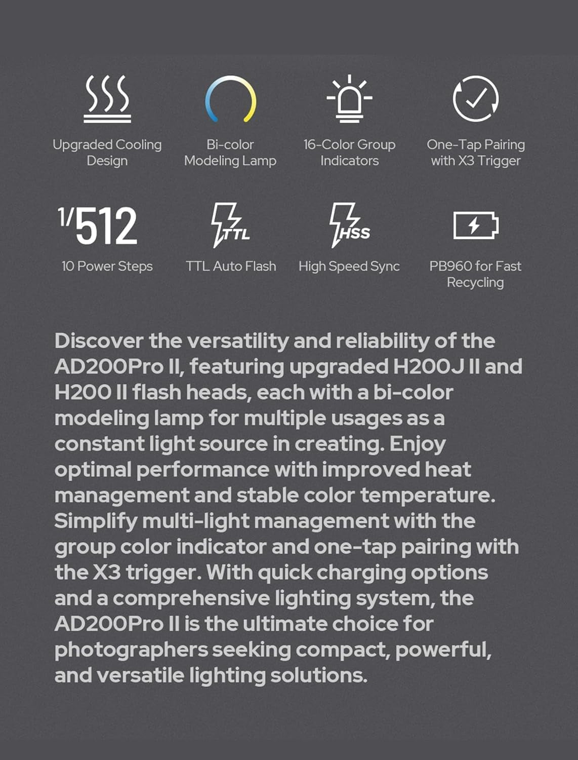 AD200 Pro II  Ad200Pro II Flash,One-Tap Sync with X3, Optimized Flash Heads, Bicolor LED Modelling Led,Color Group Indicator, Adjustable from 1/512 to Full Power 1/1(Ad200Pro Upgraded)